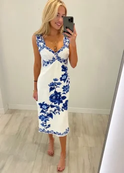Cascade Wavy Sleeveless Midi Dress
