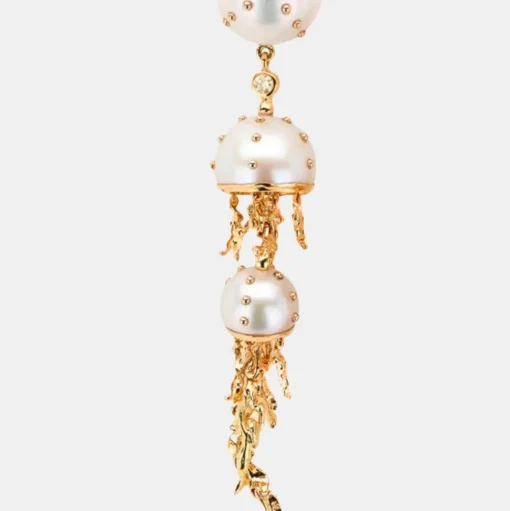 Jellyfish Quartz and White Pearl Drop Earring with Diamonds