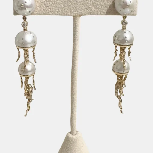Jellyfish Quartz and White Pearl Drop Earring with Diamonds